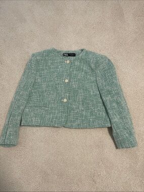 ZARA Mint Green Tweed Cropped Blazer